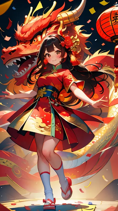 chinese new year,  1girl,  solo,  long hair,  looking at viewer,  blush,  smile,  bangs,  brown hair,  hair ornament,  dress,  holding,  brown eyes,  medium breasts,  closed mouth,  standing,  full body,  flower,  (colorful confetti:1.4), short sleeves,  s...