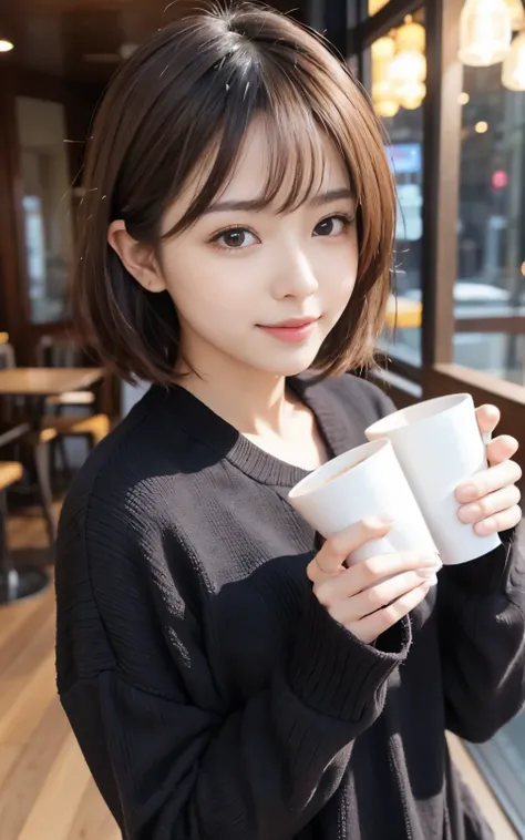 cute 21 year old japanese、Drink coffee in a café、Nice café、Face with super detail、Attention to detail、double eyelid、beautiful thin nose、sharp focus:1.2、Beautiful woman:1.4、(light brown hair、short hair、),pure white skin、highest quality、masterpiece、ultra hig...