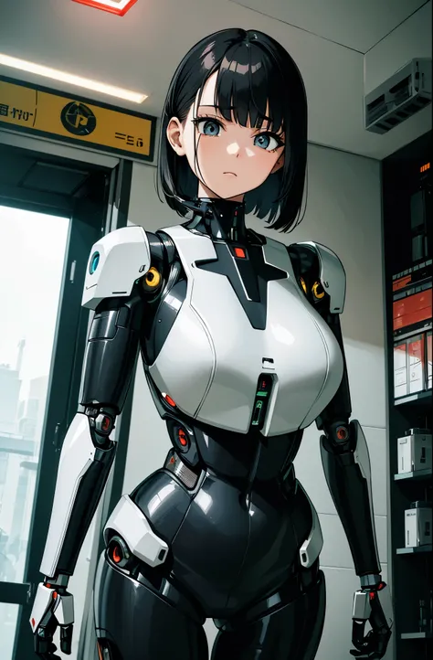 masterpiece, best quality, extremely detailed,  Japaese Cyborg girl,Plump , control panels,android,Droid,Mechanical Hand, Robot arms and legs, Black Robot Parts,Black hair,Mechanical body,Blunt bangs,White robotics parts,perfect robot girl,long tube,thick ...