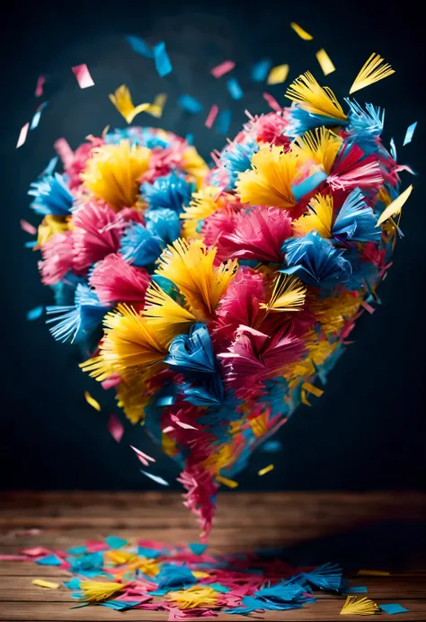 Colorful scraps of paper are flying in the air like a heart,