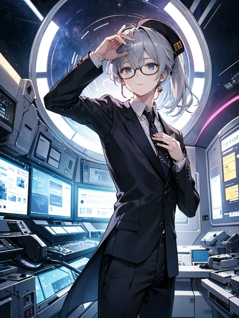 （muste piece）（High definition）20s male android、alone、gray hair、ponytail、hat、Tuxedo、tie、Wearing round glasses、one hand on the chest、background（An electronic world that feels like science fiction、A space that feels like inside a machine、Virtual space、near fu...