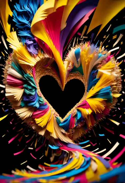 Colorful scraps of paper flutter crazily in the whirlpool,Like a heart, A black hole,golden background