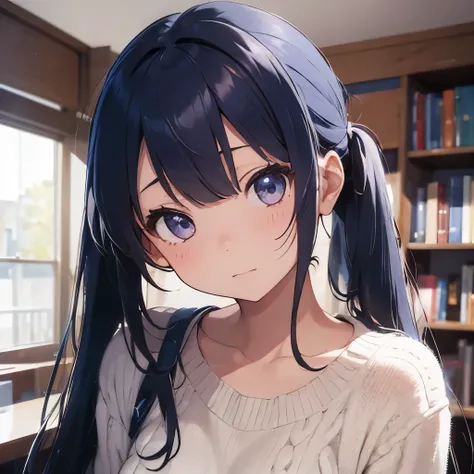 1 girl、Portrait、Are standing、stroking bangs、long hair、twin tails、blue hair、sweater、fluffy、indoor、Book棚、Book、scroll、blurred background、shaft head tilt、(head tilt)、look back
