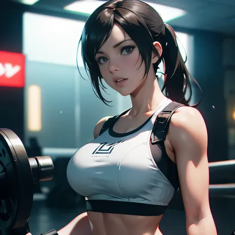 depth of field, cinematic lighting, motion blur, chromatic aberration, ray tracing, anime, 8k, super detail, best quality, 1080P, HD, 4K, 16k, UHD, HDRI. Tifa Lockhart from Final Fantasy working out at the gym