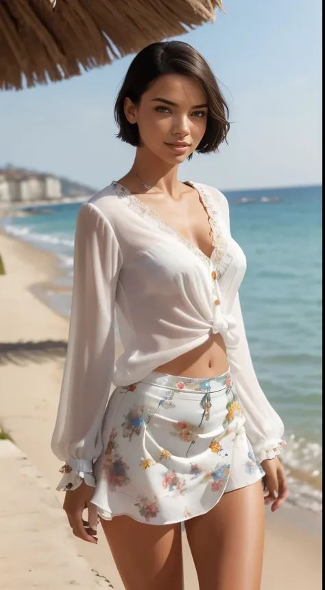 Foto hiperrealista en primer plano de Adriana Lima,, masterpiece, best quality, (photorealistic:1.4), full body, (white Casual Boho Floral Blouse Shirts V Neck Long Puff Sleeve Lightweight Chiffon:1.2), (white mini skirt:1.1), heels,  promenade by the sea ...