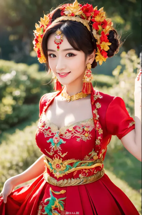 (8k, RAW Photo, Best Quality, Masterpiece: 1.2), (Realistic, Realistic: 1.37), 1 Girl, Woman in Red Dress and Headdress Posing for Photo, Gorgeous Role Play, Beautiful Costume, Chinese Dress, Complex Dress, Complex Costume, Traditional Beauty, Gorgeous Jap...