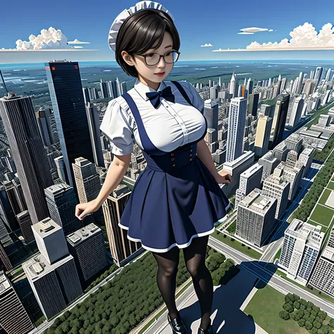 multiple girls, Giantの芸術, 非常に詳細なGiantショット, Giant, short hair, A maid that is much bigger than a skyscraper, wearing rimless glasses, big breasts, big ass, navy maid uniform, black pantyhose, black shoes, very small metropolis, miniature metropolis, crush t...