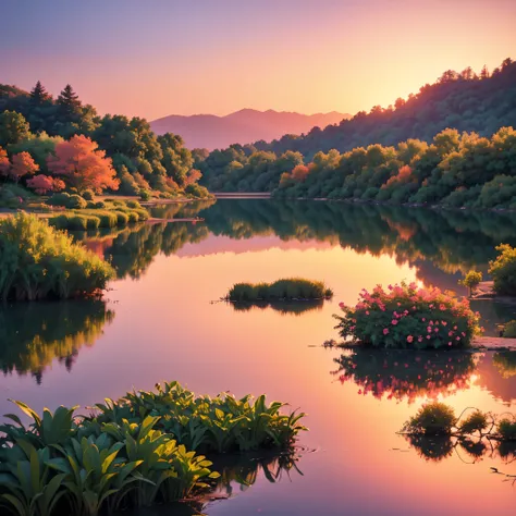 Imagine a serene landscape at dusk, with a calm lake reflecting the colors of the setting sun, surrounded by lush greenery. The sky is filled with warm hues of orange and pink, creating a peaceful and emotional atmosphere.