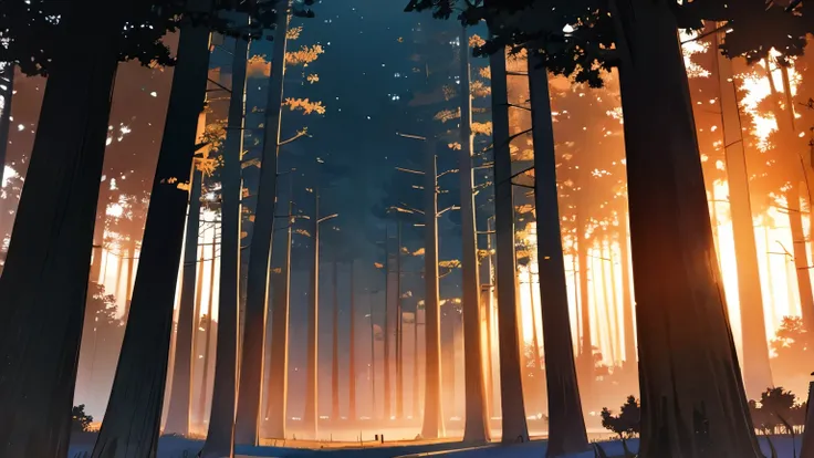 forest plain at sunset，Trees line both sides of the screen，Front view