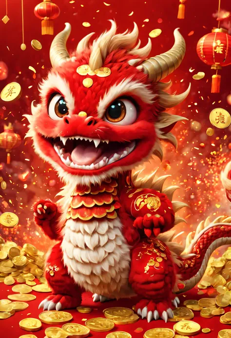 poster design:Chinese New Year is here,Cute little Chinese dragon is so happy,Little monsters,hairy,stupid,Cute and cute,Wow……(空中有许多gold coins,gold coins,Many small red envelopes,)fireworks,red background blur,