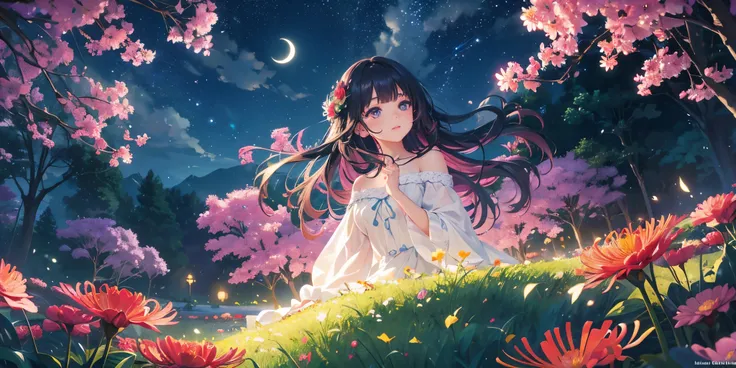 A girl standing in a vibrant spider lily flower field,twinkling stars and a crescent moon in the starry night sky,created in digital art,(best quality,4k,8k,highres,masterpiece:1.2),ultra-detailed,(realistic,photorealistic,photo-realistic:1.37),beautiful d...