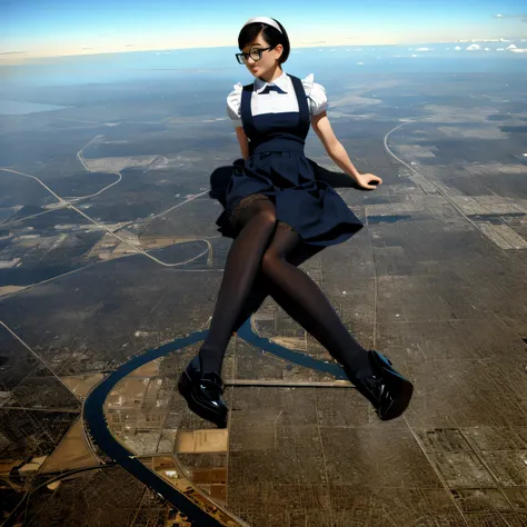 multiple girls, Giantの芸術, 非常に詳細なGiantショット, Giant, short hair, A maid that is much bigger than a skyscraper, wearing rimless glasses, big breasts, big ass, navy maid uniform, black pantyhose, black shoes, very small metropolis, miniature metropolis, crush t...