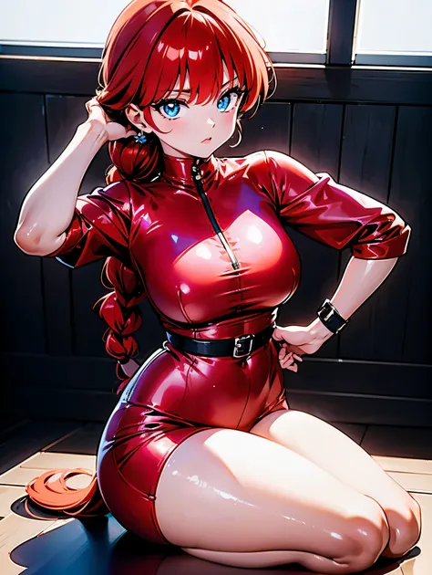 Redhead anime girl wearing pink latex top and black leather pants, 16 anos, corpo bonito, seios grandes, with one hand on your waist and the other on your lips, hand on hip, hand with finger on lip, dedo na boca, grupo sexy, red hair with braid, beautiful ...