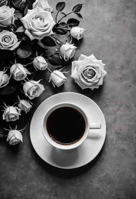 black and white photo of a A coffee,bouquet of roses flat lay. Flick, Art, hot coffee, steaming coffee, full of steaming coffee, A coffee, ☕ on the table, morning coffee, Yes ((drink a tea)), black and white), coffee smell, drinking a coffee, black and whi...