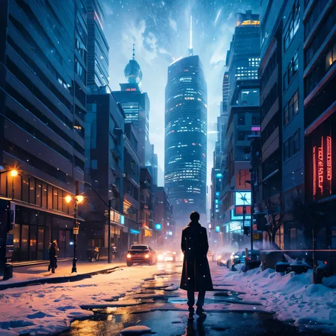 Anime scenery of the city with towers, Man walking on a snowy road, space sky. By: makoto shinkai, beautiful anime scene, makoto shinkai, by Cyril Rolando, Anime background art, beautiful anime landscape, anime art wallpaper 4k, anime art wallpaper 4k, 4k ...