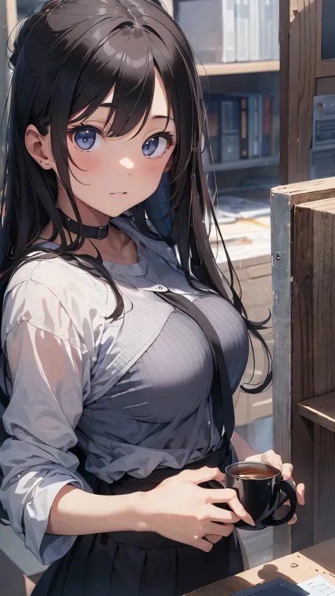 最high quality、best image quality、masterpiece、teenage girl((18-year-old、 By becoming、vest bust、medium bust,wide open breast tea、black eye, gray hair、long hair、thin,highest valley、Black Y-shirt、Black Recruit Suit)),high quality、beautiful art、background((comp...