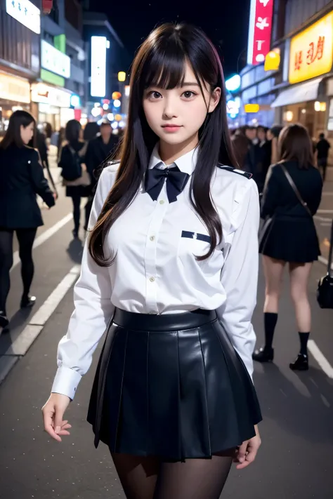 low angle shot、black pantyhose、big breasts、Shoes are visible、super treet snap、tall, A baby-faced gal woman wearing a short skirt and bow tie is standing in a neon street at night、high school student、Thin calf、japanese girl、Winter clothes、Wearing Japanese s...