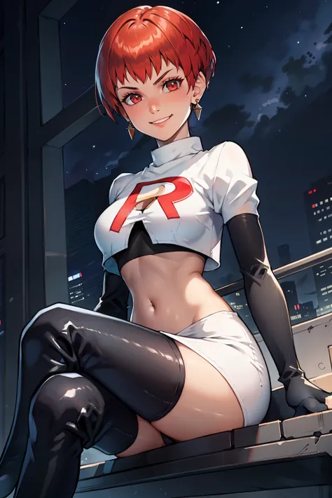 leonie pinelli, short hair ,earrings, glossy lips ,team rocket uniform, red letter R, white skirt,white crop top,black thigh-high boots, black elbow gloves, evil smile, sitting down ,legs crossed, night sky background