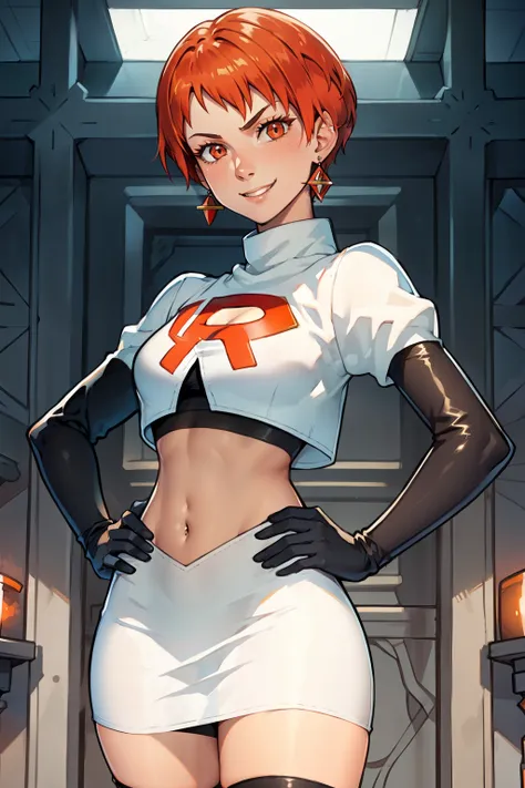 leonie pinelli, orange hair ,short hair ,earrings, glossy lips ,team rocket uniform, red letter r, white skirt,white crop top,bl...