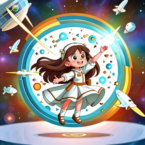 Girl with long brown hair，Put on a white wedding dress，flying in space and time（In flight)（Time and space tunnel），（There is love）happy，Surrounded by love，Surrounded by love，O sign，vector，line art，design，inspiration，straight line，RHAD