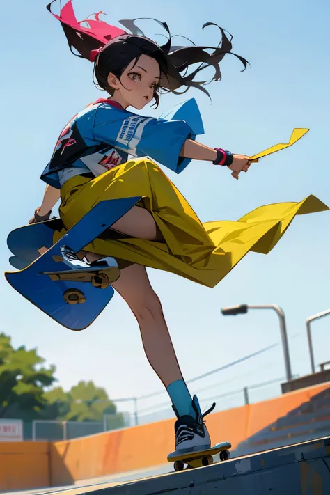 Realistic, vibrant image of a young, K-pop idol-like woman in her 20s, in a professional skateboarders attire, at a skate park, performing a trick, capturing the energy and boldness of skateboarding culture.