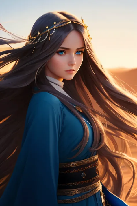 woman with long hair and blue eyes, standing in the desert, Girl with long hair, Girl with long hair, Attractive long hair, anime Girl with long hair, Beautiful fantasy portrait, fantasy art style, flowing long hair, loose hair and long robes, loose hair, ...