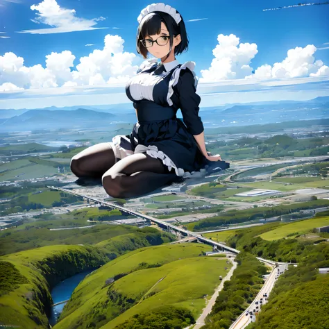 multiple girls, Giantの芸術, 非常に詳細なGiantショット, Giant, short hair, A maid that is much bigger than a skyscraper, wearing rimless glasses, big breasts, big ass, navy maid uniform, black pantyhose, black shoes, very small metropolis, miniature metropolis, crush t...