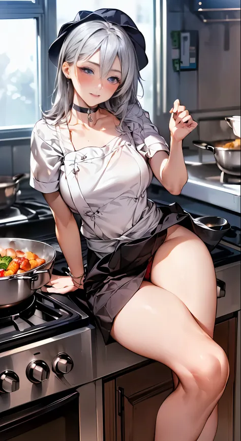 (masterpiece:1.2, highest quality), (realistic, photorealistic:1.4), beautiful illustrations, 
looking at the viewer, whole body, Front view:0.6, 
1 female, 20-year-old, Japanese, ((silver hair:1.5, cook hatに纏めた髪:1.5)), bangs, hair between eyes, ((height: ...