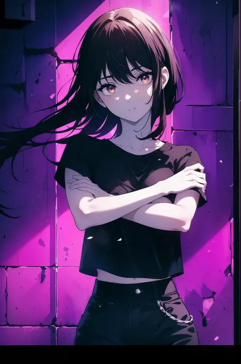 ((((Obra maestra, La mejor calidad, ultrahigh resolution)))), a clear view of a happy looking girl standing in a club waiting for someone)), (black t-shirt, jean shorts, black hair, long dark black hair), pale skin, ((brown eyes)), (glowing_eyes), (ultra d...