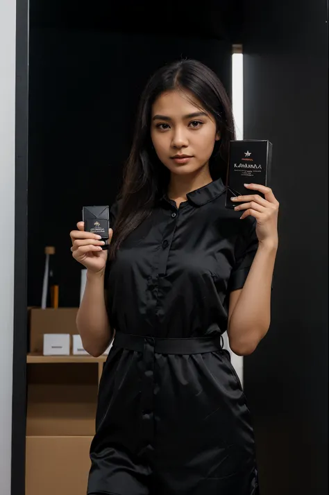 MALAY GIRL WEARING BLACK SATIN JUBAH. SHE HOLDING ONE SMALL PRODUCT PACKAGING (PACKAGING = BLACK SMALL RECTANGULAR BOX WRITE "KANDAMAX"). PRODUCT IS SMALL BLACK BOX. REALISTIC IMAGE. TRANSPARENT BACKGROUND