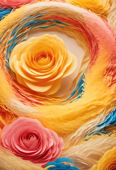 colorful shredded paper like a rose, a golden cave, spin wildly in the vortex, glow photo style, whole body, beautiful detailed.