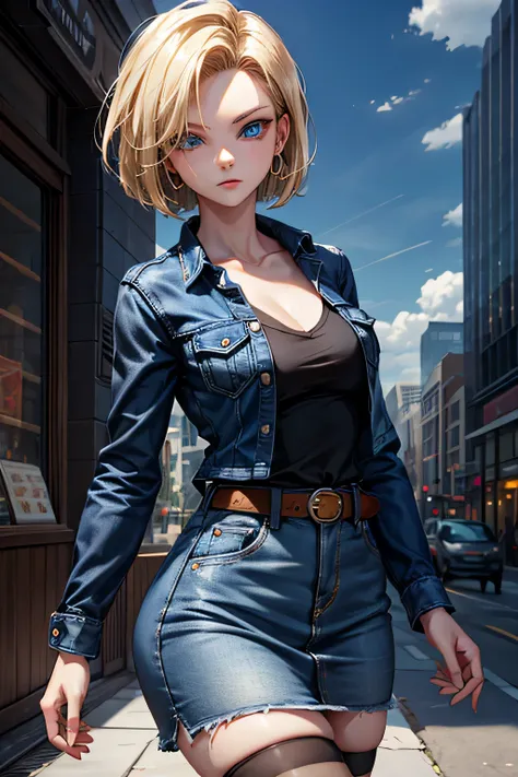 android 18, android 18, blonde hair, blue eyes, eyelash, hoop earrings, short hair, earrings, break belt, black legwear, black s...