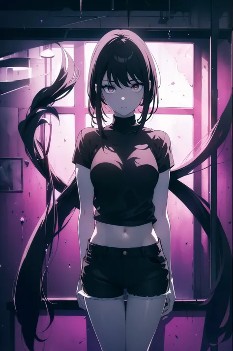 ((((Obra maestra, La mejor calidad, ultrahigh resolution)))), a clear view of a happy looking girl standing in a club waiting for someone)), (black t-shirt, jean shorts, black hair, long dark black hair), pale skin, ((brown eyes)), (glowing_eyes), (ultra d...