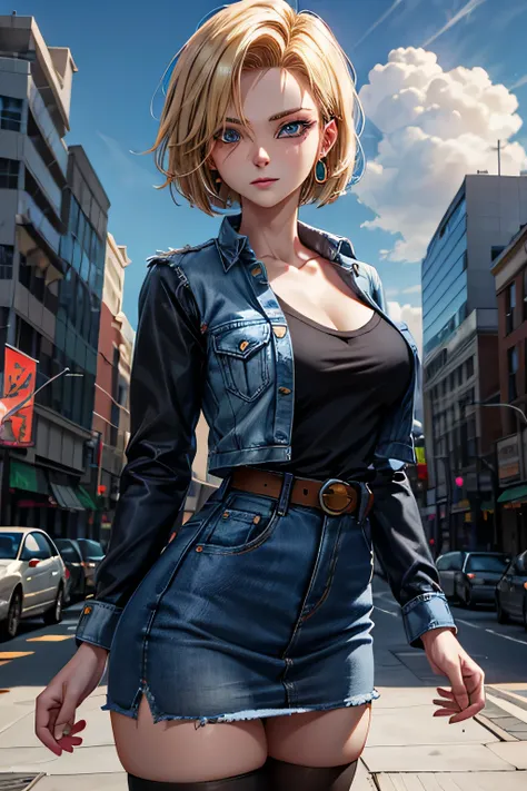 android 18, android 18, blonde hair, blue eyes, eyelash, hoop earrings, short hair, earrings, break belt, black legwear, black shirt, breast pocket, cleavage, clavicle, denim, denim skirt, high-waist skirt, jewelry, long sleeve, pocket, shirt, shirt tucked...