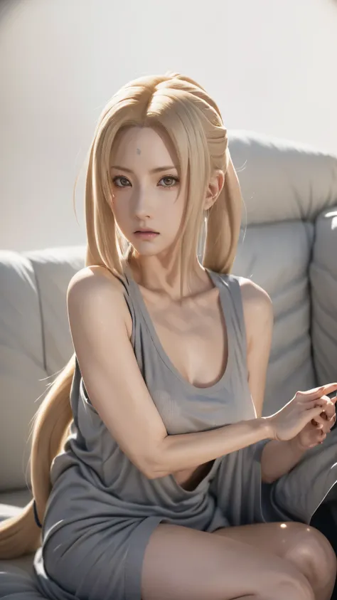 a close up of a woman with long blonde hair and a gray top, tsunade from naruto, from naruto, haruno sakura, as an anime character, inspired by INO, princess kida kidagakash, female anime character, sakura haruno, in anime style, in an anime style, hinata ...