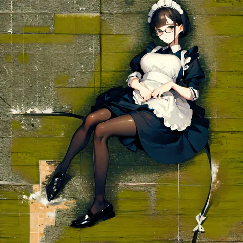 multiple girls, Giantの芸術, 非常に詳細なGiantショット, Giant, short hair, A maid that is much bigger than a skyscraper, wearing rimless glasses, big breasts, big ass, navy maid uniform, black pantyhose, black shoes, very small metropolis, miniature metropolis, crush t...