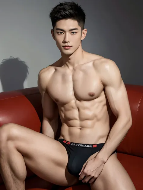 Japanese male model in a briefs, Full Body Shoot, Quiff haircut, look at camera, detailed facial parts, Manly, Charmer, Active Boy, sitting on sofa, open legs, Freestyle Pose, Happy Expression, perfect anatomy, symmetric body, asian boy 19 years old, shirt...