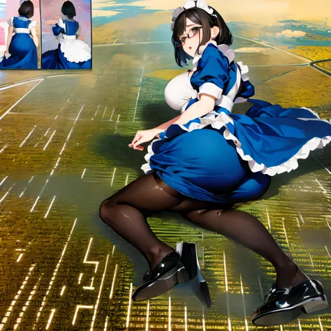 multiple girls, Giantの芸術, 非常に詳細なGiantショット, Giant, short hair, A maid that is much bigger than a skyscraper, wearing rimless glasses, big breasts, big ass, navy maid uniform, black pantyhose, black shoes, very small metropolis, miniature metropolis, crush t...