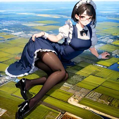 multiple girls, Giantの芸術, 非常に詳細なGiantショット, Giant, short hair, A maid that is much bigger than a skyscraper, wearing rimless glasses, big breasts, big ass, navy maid uniform, black pantyhose, black shoes, very small metropolis, miniature metropolis, crush t...