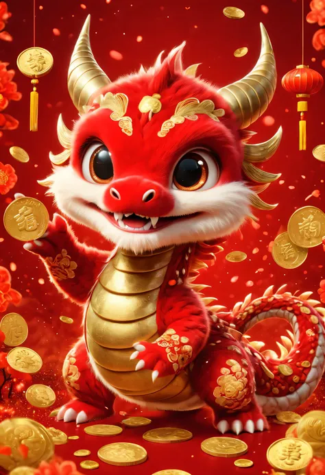 poster design:Chinese New Year is here,Cute little Chinese dragon is so happy,hairy,stupid,Cute and cute,Wow……(There are many gold coins in the air,Gold coin rain,Many small red envelopes,)fireworks,red background blur,