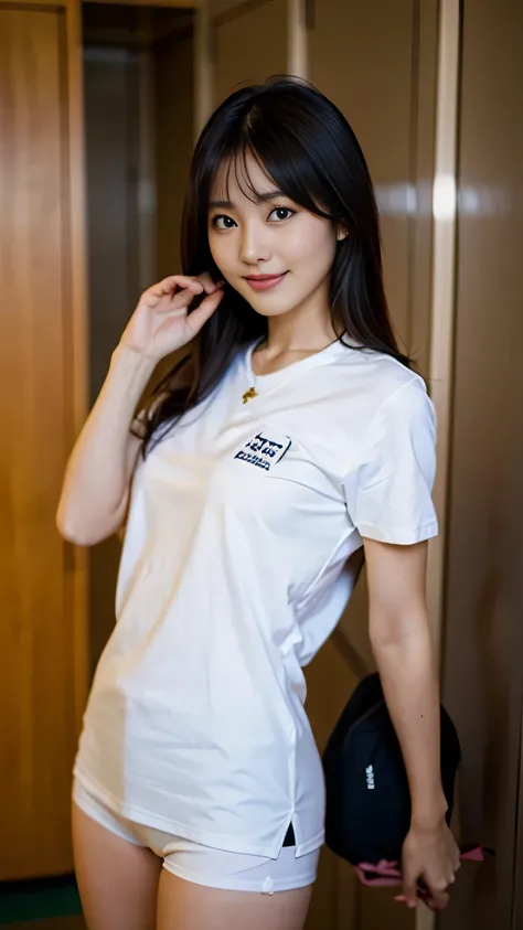 (gym uniform,(highlegs red buruma), white short shirt, short sleeves, thighs:1.3), masterpiece, best quality, ultra-detailed, kawaii, cute, lovely, cute 1girl:1.1, robe, beautiful hair, beautiful brown eyes, beautiful eyes, white-skinned, flat breast, tiny...