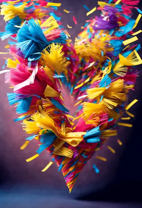 Colorful scraps of paper are flying in the air like a heart,