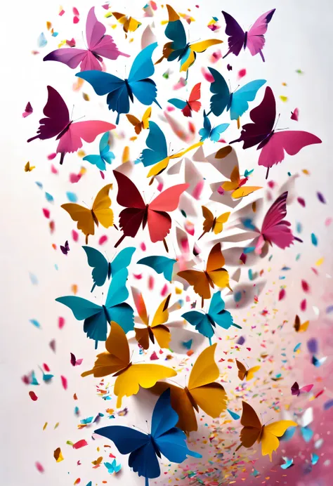 （the white paper tilted in the air gradually turned into a colorful butterfly shape。.），colorful confetti flying in the air like ...