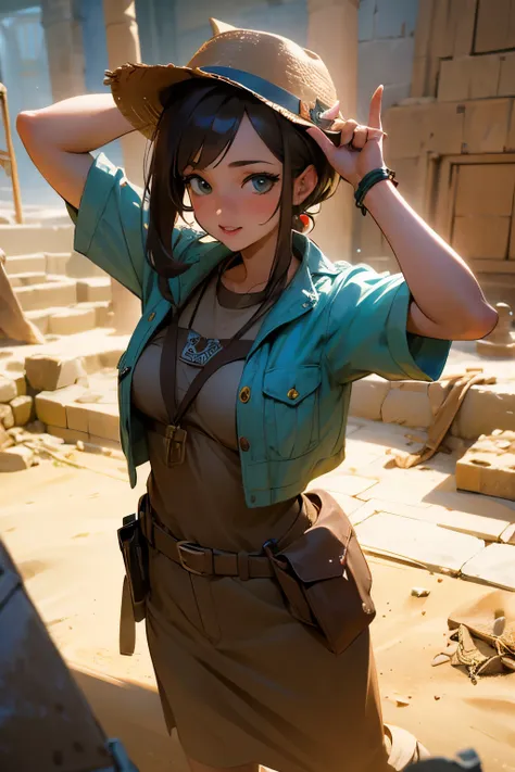 Vivid, lifelike image of a young woman in her 30s, with the allure of a innocent idol, dressed as an archaeologist, at an excavation site, with ancient artifacts and tools, capturing the thrill of historical discovery.