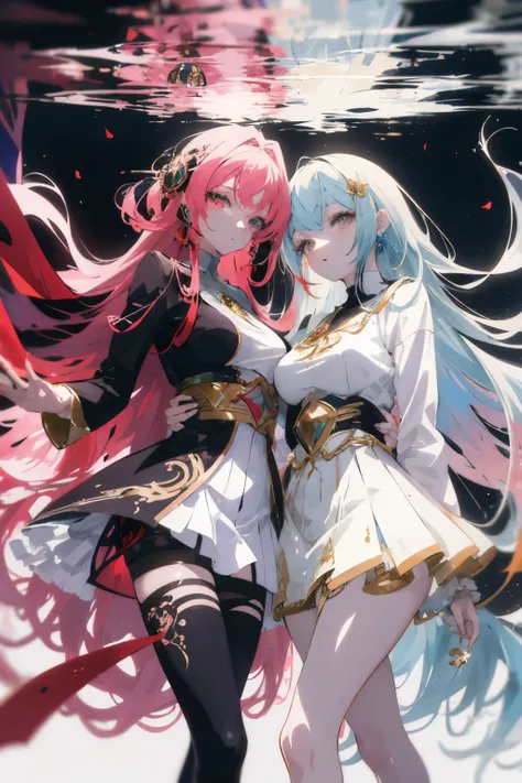 Two very beautiful and super realistic anime girls with gorgeous long colorful hair and dresses standing next to each other, loish and ross tran, anime style 4k, realistic anime art wallpaper 4k, anime art wallpaper 4k, detailed digital anime art, two beau...