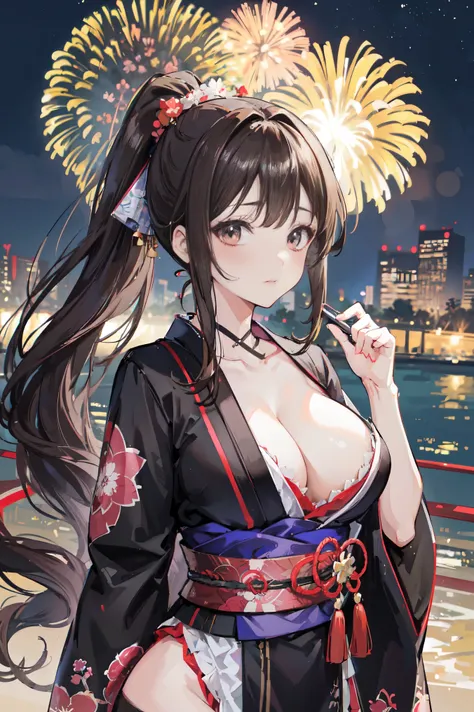 "anime girl, 1 person, dark brown hair, ponytail, ponytail, hairpin, brown eyes, kimono, dark brown kimono, elaborate patterned outfit, stockings, large breasts, blushing  , solo, view from different directions, night, festival, New Years Eve fireworks, wa...