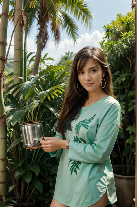 bamboo, bamboo forest, blurry, blurry foreground, coconut, depth of field, earrings, grass, jungle, leaf, palm leaf, palm tree, plant, potted plant, tanabata, tanzaku, tree, jewelry, woman with short brown hair, branch, hoop earrings, blurry background, iv...