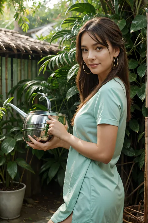 bamboo, bamboo forest, blurry, blurry foreground, coconut, depth of field, earrings, grass, jungle, leaf, palm leaf, palm tree, plant, potted plant, tanabata, tanzaku, tree, jewelry, woman with short brown hair, branch, hoop earrings, blurry background, iv...