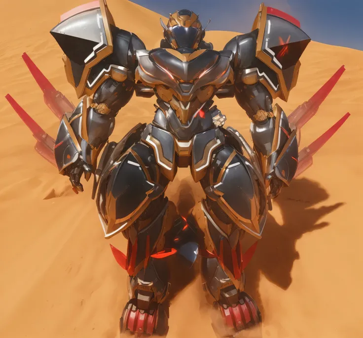 a close up of a robot standing in the sand, intricate assasisn mecha armor, Saudi futuristic warrior mecha, intricate mecha armor, mecha suit, sharp silver armor fuchsia skin, anime mech armor, intricate glowing mecha armor, mecha armor, an anime large mec...