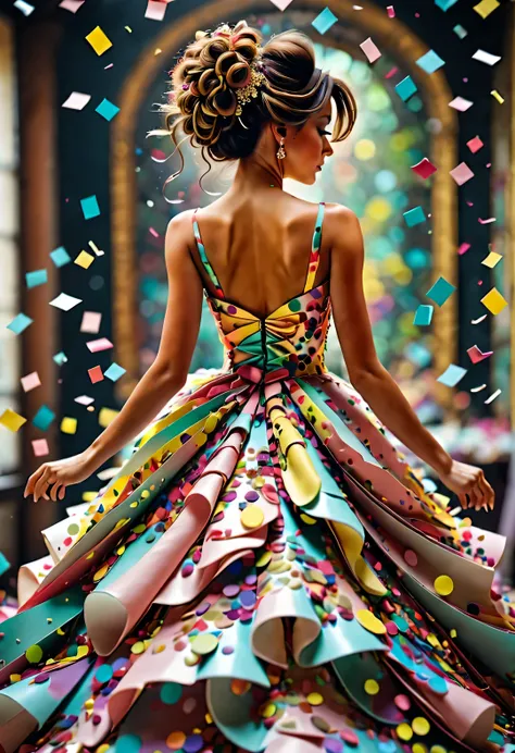 (Confetti dancing with beautiful dress），Alyssa Lazer (Aliza Razell) style, beautiful details，极繁主义style ,Recumbent，The art of paper，